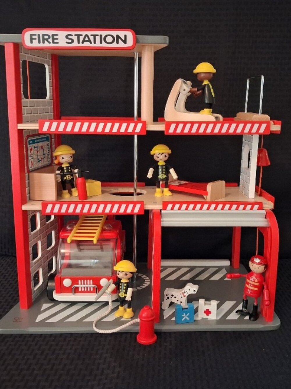 Pottery Barn Kids/HAPE Wooden Firehouse w/ Fire Truck, Figurines and Accessories